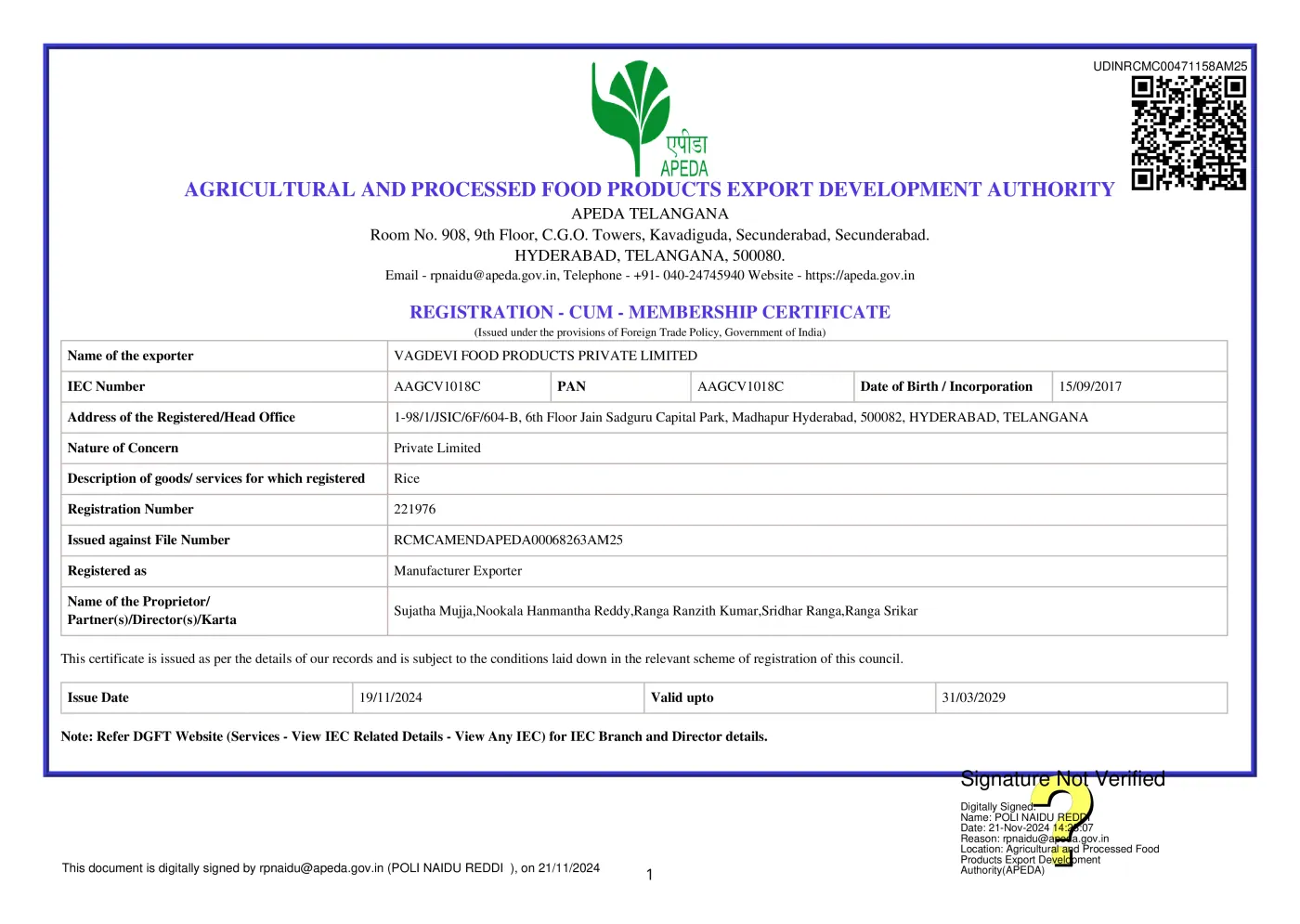 APEDA RCMC
